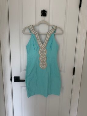Lilly Pulitzer Sleeveless Blue and Gold Embellished V-Neck Dress
